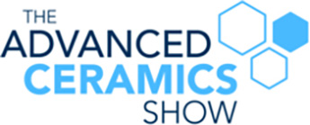 „THE ADVANCED CERAMIC SHOW“ Logo in blauem und schwarzem Schriftzug. Rechts sind drei sechseckige Formen 