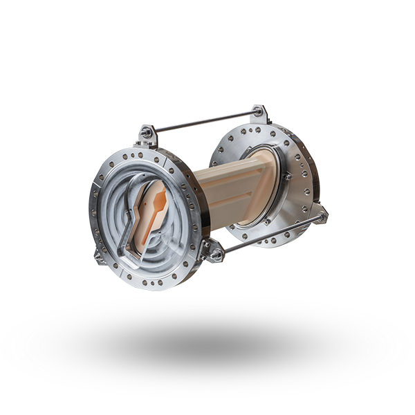 Kickerkammer mit Keramikdurchgang der von komplexen Aluminiumoxidbauteilen an beiden Seiten umgeben ist